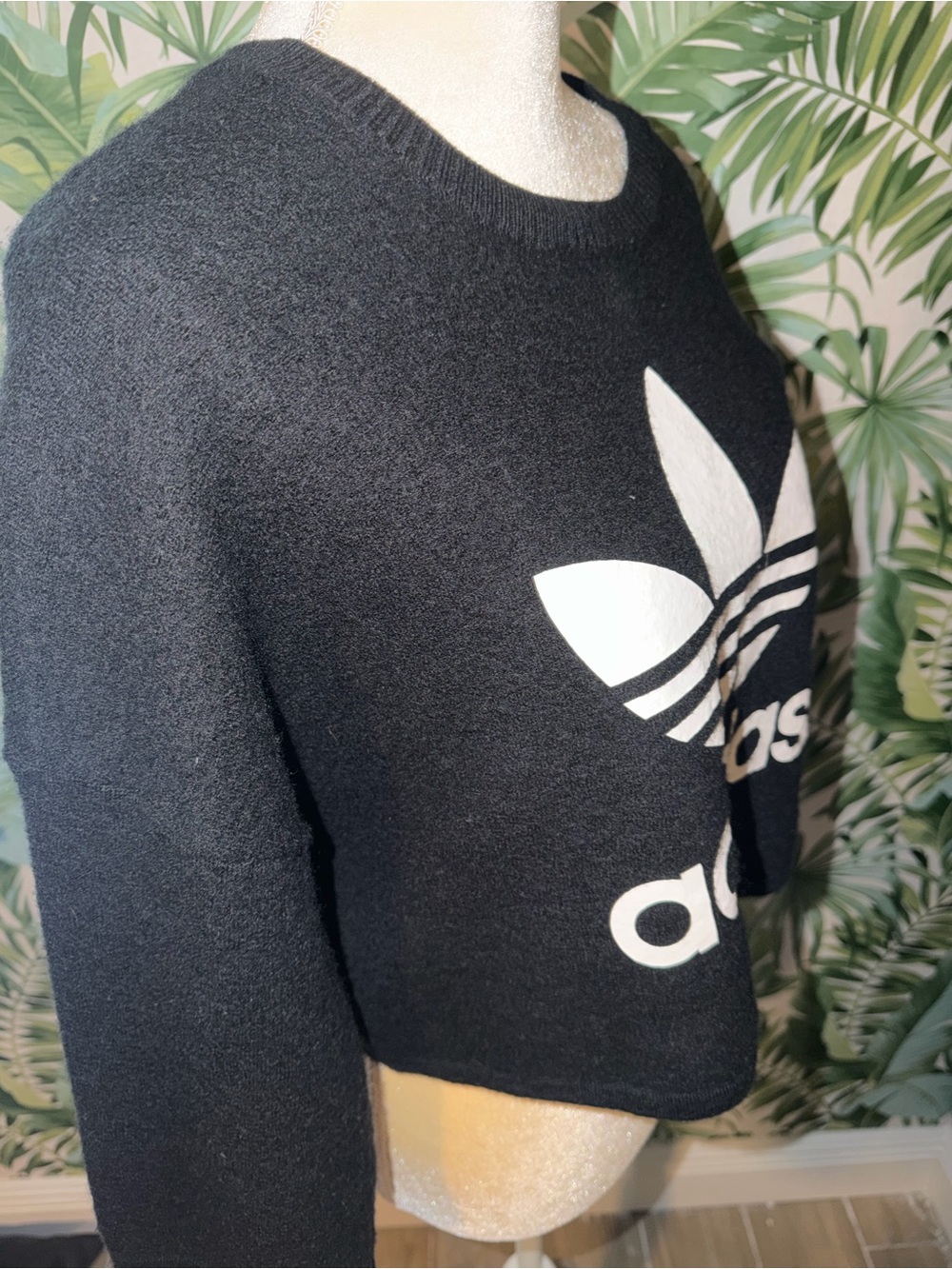 adidas Black Cropped Trefoil Wool Sweater with White Logo Small - Picture 5 of 8